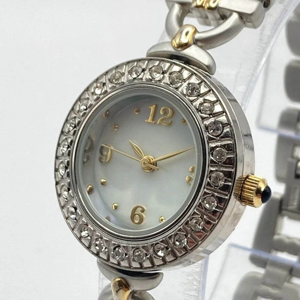 Valetta Women's Watch 25mm Matte Silver Gold Two Tone Crystals New Battery 6.5